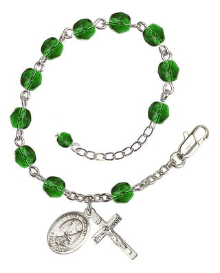 Silver-Plated 6mm Fire-Polished Saint Sarah Rosary Bracelet in Emerald Engraved Catholic Saint Jewelry