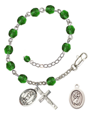Adjustable Silver Plated 6mm Fire Polished Saint Christopher/Lacrosse Rosary Bracelet in Emerald
