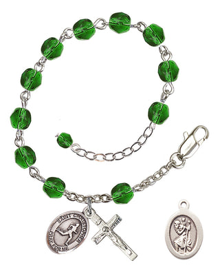 Silver-Plated 6mm Fire-Polished Saint Christopher/Track & Field Rosary Bracelet in Emerald Engraved Catholic Saint Jewelry