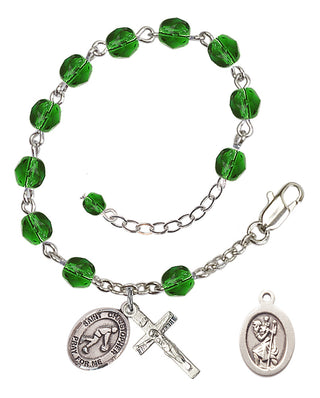 Adjustable Silver Plated 6mm Fire Polished Saint Christopher/Basketball Rosary Bracelet in Emerald