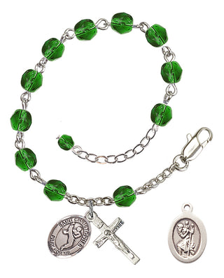 Adjustable Silver Plated 6mm Fire Polished Saint Christopher/Martial Arts Rosary Bracelet in Emerald