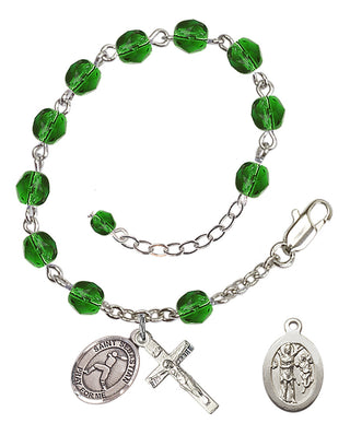 Adjustable Silver Plated 6mm Fire Polished Saint Sebastian/Baseball Rosary Bracelet in Emerald