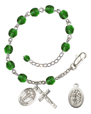 Adjustable Silver Plated 6mm Fire Polished Saint Sebastian/Cheerleading Rosary Bracelet in Emerald
