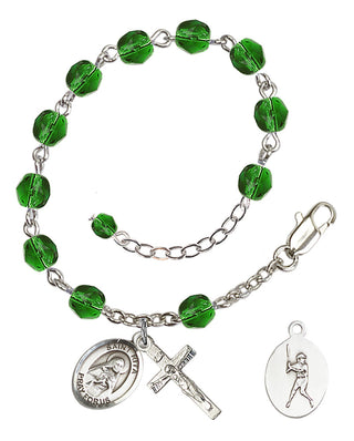 Adjustable Silver Plated 6mm Fire Polished Saint Rita / Baseball Rosary Bracelet in Emerald