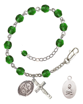 Adjustable Silver Plated 6mm Fire Polished Saint Kateri/Equestrian Rosary Bracelet in Emerald