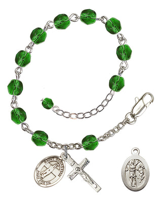 Adjustable Silver Plated 6mm Fire Polished Saint Sebastian / Volleyball Rosary Bracelet in Emerald