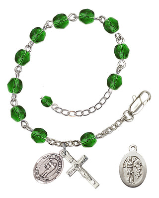 Adjustable Silver Plated 6mm Fire Polished Saint Sebastian / Archery Rosary Bracelet in Emerald