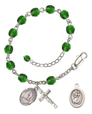 Adjustable Silver Plated 6mm Fire Polished Saint Christopher / Skiing Rosary Bracelet in Emerald