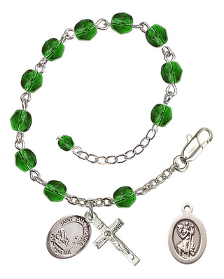 Adjustable Silver Plated 6mm Fire Polished Saint Christopher / Fishing Rosary Bracelet in Emerald