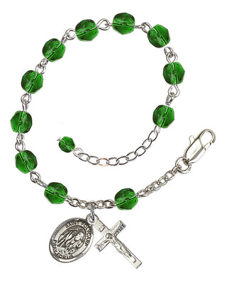 Silver-Plated 6mm Fire-Polished Saint Polycarp of Smyrna Rosary Bracelet in Emerald Engraved Catholic Saint Jewelry
