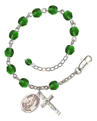 Silver-Plated 6mm Fire-Polished Saint Nathanael Rosary Bracelet in Emerald Engraved Catholic Saint Jewelry