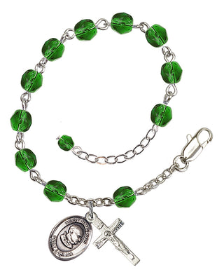 Silver-Plated 6mm Fire-Polished Saint John XXIII Rosary Bracelet in Emerald Engraved Catholic Saint Jewelry
