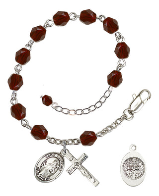 Silver-Plated 6mm Fire-Polished Saint Benedict Rosary Bracelet in Garnet Engraved Catholic Saint Jewelry