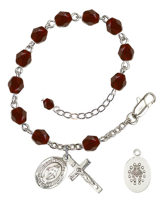 Silver-Plated 6mm Fire-Polished Miraculous Rosary Bracelet in Garnet Engraved Catholic Saint Jewelry