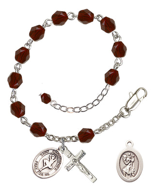 Silver-Plated 6mm Fire-Polished Saint Christopher/Dance Rosary Bracelet in Garnet Engraved Catholic Saint Jewelry