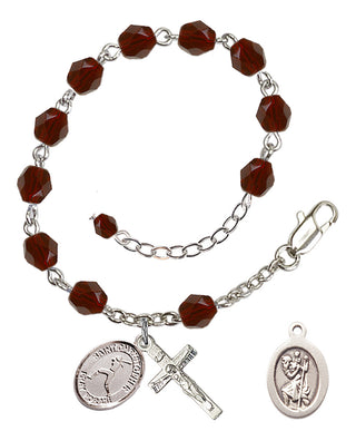 Adjustable Silver Plated 6mm Fire Polished Saint Christopher/Softball Rosary Bracelet in Garnet