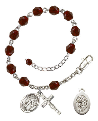 Adjustable Silver Plated 6mm Fire Polished Saint Sebastian/Basketball Rosary Bracelet in Garnet