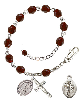 Adjustable Silver Plated 6mm Fire Polished Saint Sebastian/Skiing Rosary Bracelet in Garnet