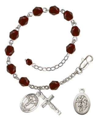 Adjustable Silver Plated 6mm Fire Polished Saint Sebastian/Cheerleading Rosary Bracelet in Garnet