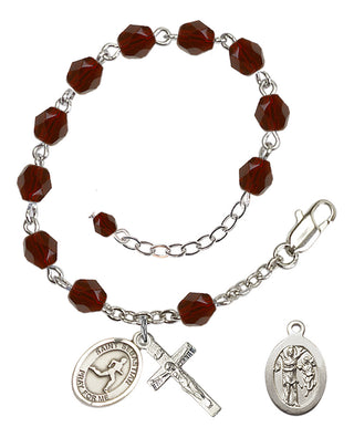 Adjustable Silver Plated 6mm Fire Polished Saint Sebastian/Track & Field Rosary Bracelet in Garnet