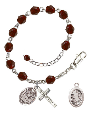 Silver-Plated 6mm Fire-Polished Saint Cecilia / Choir Rosary Bracelet in Garnet Engraved Catholic Saint Jewelry