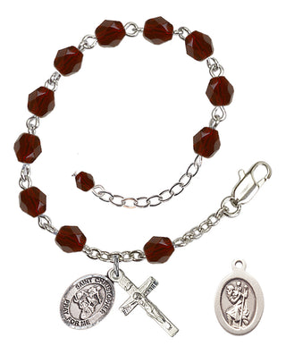 Adjustable Silver Plated 6mm Fire Polished Saint Christopher/Motorcycle Rosary Bracelet in Garnet