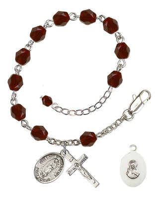 Silver-Plated 6mm Fire-Polished Our Lady of Guadalupe Rosary Bracelet in Garnet Engraved Catholic Saint Jewelry