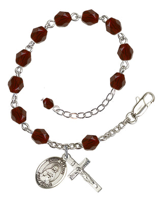 Silver-Plated 6mm Fire-Polished Saint Lillian Rosary Bracelet in Garnet Engraved Catholic Saint Jewelry