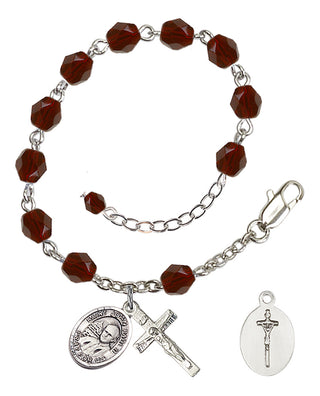 Adjustable Silver Plated 6mm Fire Polished Saint John Paul II Rosary Bracelet in Garnet