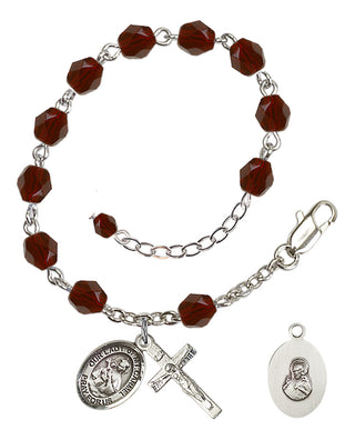 Adjustable Silver Plated 6mm Fire Polished Our Lady of Mount Carmel Rosary Bracelet in Garnet