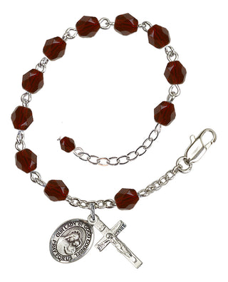 Silver-Plated 6mm Fire-Polished Our Lady of Good Counsel Rosary Bracelet in Garnet Engraved Catholic Saint Jewelry