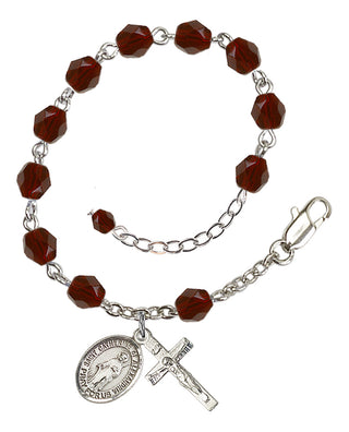 Silver-Plated 6mm Fire-Polished Saint Catherine of Alexandria Rosary Bracelet in Garnet Engraved Catholic Saint Jewelry