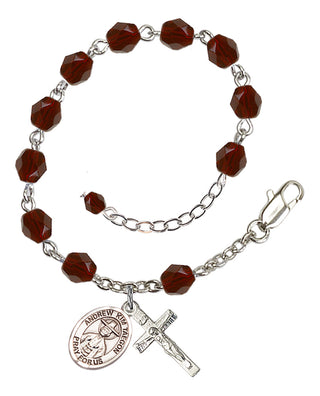 Silver-Plated 6mm Fire-Polished Saint Andrew Kim Taegon Rosary Bracelet in Garnet Engraved Catholic Saint Jewelry