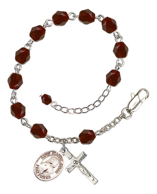 Silver-Plated 6mm Fire-Polished Saint Jeanne Jugan Rosary Bracelet in Garnet Engraved Catholic Saint Jewelry