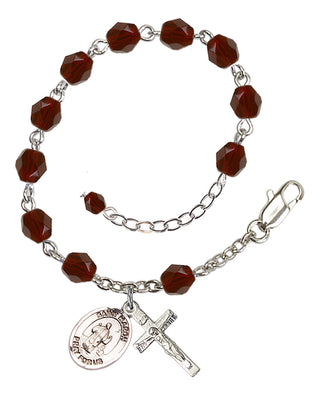 Silver-Plated 6mm Fire-Polished Saint Maron Rosary Bracelet in Garnet Engraved Catholic Saint Jewelry