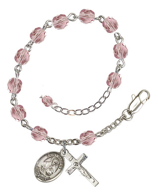 Silver-Plated 6mm Fire-Polished Saint Albert the Great Rosary Bracelet in Light Amethyst Engraved Catholic Saint Jewelry
