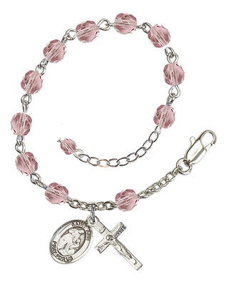 Silver-Plated 6mm Fire-Polished Saint Ann Rosary Bracelet in Light Amethyst Engraved Catholic Saint Jewelry