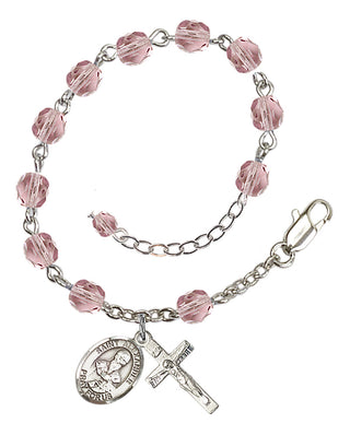 Silver-Plated 6mm Fire-Polished Saint Alexander Sauli Rosary Bracelet in Light Amethyst Engraved Catholic Saint Jewelry