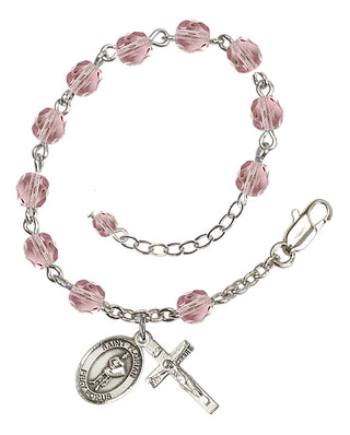 Silver-Plated 6mm Fire-Polished Saint Florian Rosary Bracelet in Light Amethyst Engraved Catholic Saint Jewelry