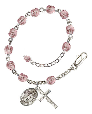 Silver-Plated 6mm Fire-Polished Saint Francis of Assisi Rosary Bracelet in Light Amethyst Engraved Catholic Saint Jewelry