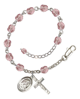 Silver-Plated 6mm Fire-Polished Saint Isidore of Seville Rosary Bracelet in Light Amethyst Engraved Catholic Saint Jewelry
