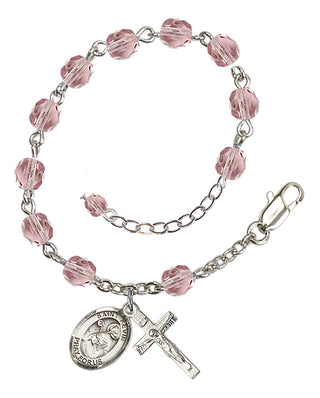 Silver-Plated 6mm Fire-Polished Saint Kevin Rosary Bracelet in Light Amethyst Engraved Catholic Saint Jewelry