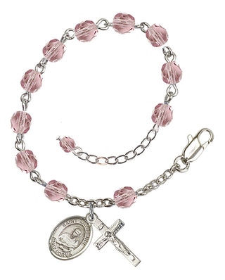 Silver-Plated 6mm Fire-Polished Saint Lawrence Rosary Bracelet in Light Amethyst Engraved Catholic Saint Jewelry