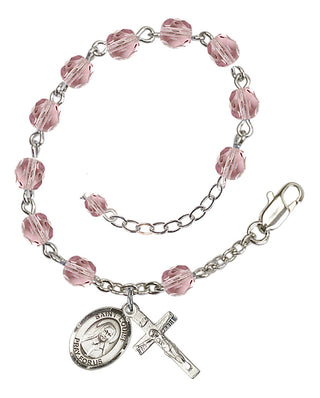Silver-Plated 6mm Fire-Polished Saint Louise de Marillac Rosary Bracelet in Light Amethyst Engraved Catholic Saint Jewelry