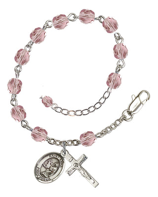 Silver-Plated 6mm Fire-Polished Saint Luke the Apostle Rosary Bracelet in Light Amethyst Engraved Catholic Saint Jewelry