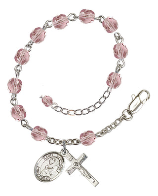 Silver-Plated 6mm Fire-Polished Saint Margaret Mary Alacoque Rosary Bracelet in Light Amethyst Engraved Catholic Saint Jewelry