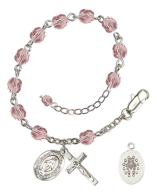 Silver-Plated 6mm Fire-Polished Miraculous Rosary Bracelet in Light Amethyst Engraved Catholic Saint Jewelry