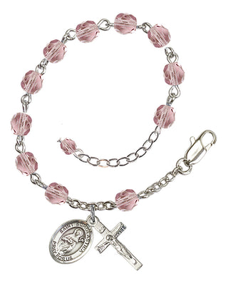 Silver-Plated 6mm Fire-Polished Saint Scholastica Rosary Bracelet in Light Amethyst Engraved Catholic Saint Jewelry