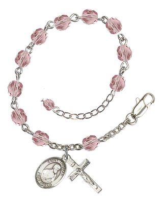 Silver-Plated 6mm Fire-Polished Saint Thomas the Apostle Rosary Bracelet in Light Amethyst Engraved Catholic Saint Jewelry