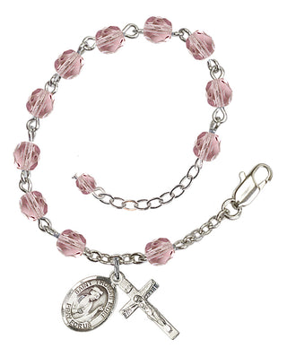 Silver-Plated 6mm Fire-Polished Saint Thomas More Rosary Bracelet in Light Amethyst Engraved Catholic Saint Jewelry